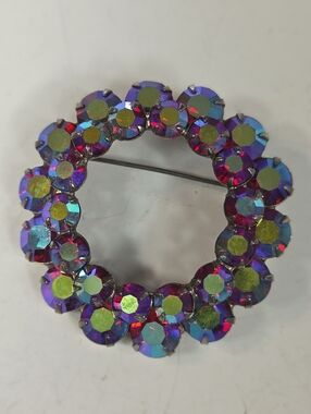 AB faceted pink purple crystal round prong set brooch silver tone big statement